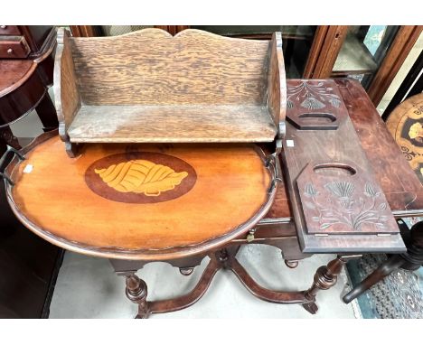 A 1930's needlework firescreen/occasional table; a folding bookrack; a mirror in canted oak frame 