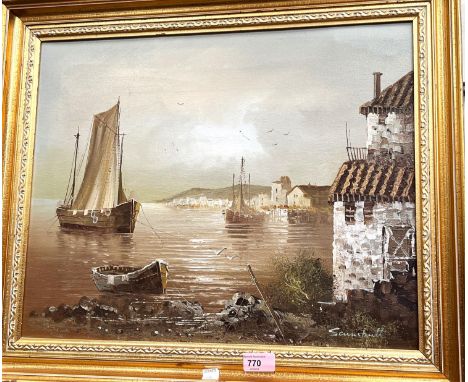 Bernard: oil on canvas of Parisian street scene, gilt framed;&nbsp;another seascape and a smaller pair of oils 