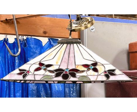 A large square Tiffany ceiling light shade with floral decoration 