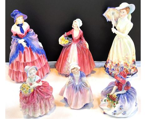 Five Royal Doulton figures, Victorian Lady HNY28, Janet HN1537, 3 smaller and a Franchesca Scott Ascott figure 