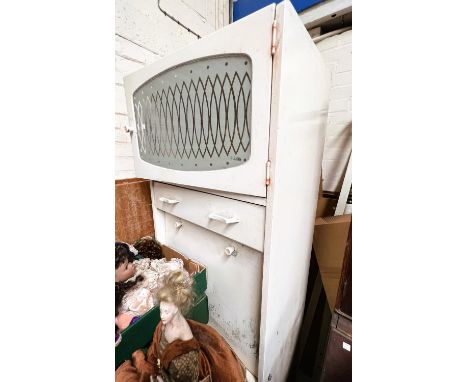 A 1950's narrow full height kitchen cabinet (back panel a.f); a blue and white painted Edwardian chest of drawers 