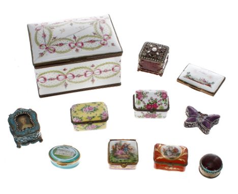 Group of porcelain pill boxes, trinket pots and boxes&nbsp;including by Limoges, also a Staffordshire Enamels White House box