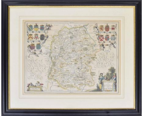 An old map of Wiltshire inscribed with the heraldic coats of arms of the family of that county, also inscribed Wiltonia withi