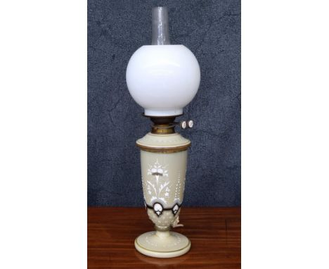 Victorian opaque glass oil lamp, converted to electricity, with white glass globe shade and storm shade, 25" high overall-** 