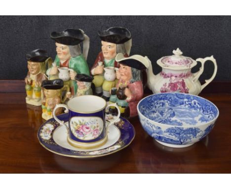 Group of pottery character jugs including by Wood &amp; Sons, Royal Doulton etc; also a Spode Italian blue and white bowl, Co
