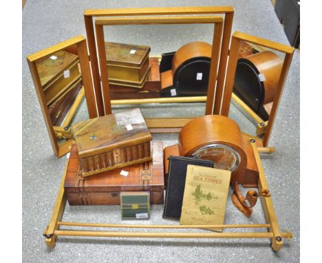 Boxes and Objects - a Victorian inlaid rectangular writing slope; a Sorrento book box; Cope mantel clock; folding mirror; etc