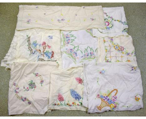 Textiles - hand embroidered linen tablecloths including English country garden flowers