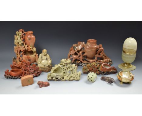 A Japanese soapstone carved brush pot, birds and animals amongst branches;  another two section;  seated Buddha on stand, etc