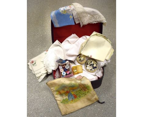 Textiles - hand embroidered tablecloths, napkins, etc; buttons; etc