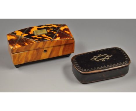 A miniature tortoiseshell mounted casket; an ebonised snuff box (2)