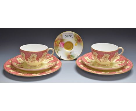 A Royal Worcester cup, saucer and side plate, marked 5226 another; a demitasse saucer hand painted with roses