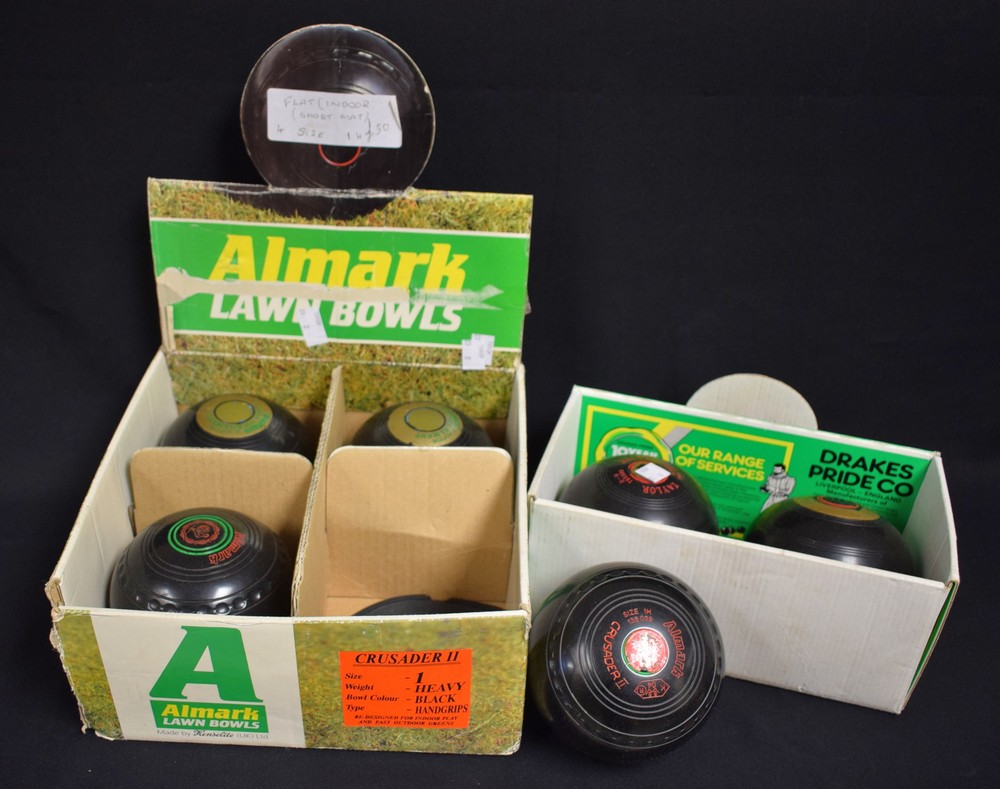 A pair of Almark Crusader II, size 1H, 13 bias lawn bowls; others