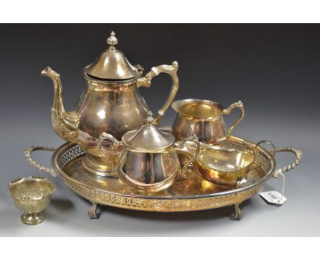 Silver plate - a three piece tea set, galleried twin handled tray;  gravy boat etc (6)