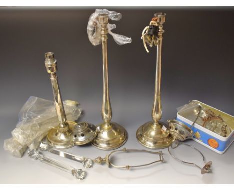 Lighting - A pair of plated telescopic electric table lamps;  another single;  a small drop chandelier (unchecked)