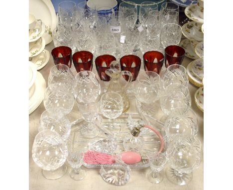 Glass - a set of six French ruby and clear glass small wine glasses; others clear glass including champagne flutes, brandy ba