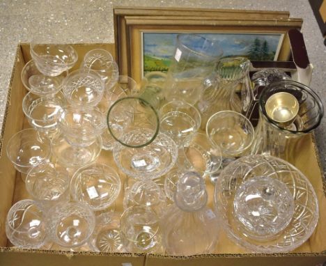 Glassware - A cut glass decanter;  others including brandy glasses, sundae dishes, celery jar,  bon bon dish, vases, bowls, e