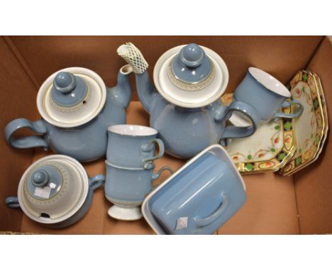 Ceramics - a blue Denby coffee pot, tea pot, sucrier, etc; other side plates