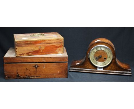 A oak cased mantel clock; a writing slope; a pine three sectioned cache box (3)