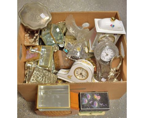 A glass clock; a similar glass clock as an eagle in flight; silver plated and silver coloured metal trinket boxes; jewellery 