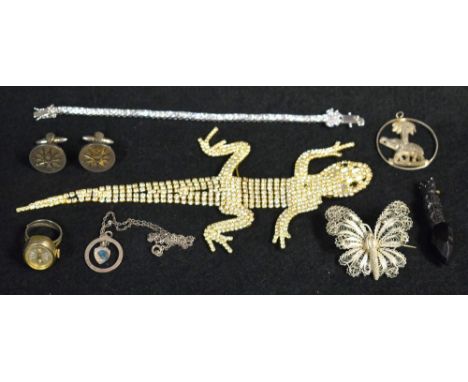 Jewellery - a Salamander shoulder brooch;  a silver filigree butterfly brooch;  a CZ and silver tennis bracelet;  Samba ing w