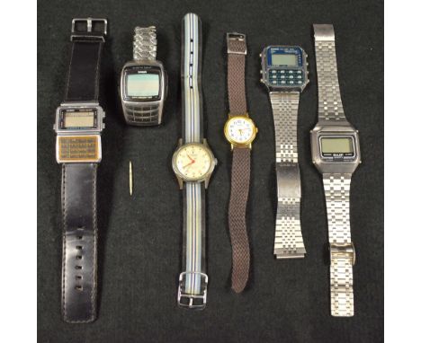 Three Casio digital watches; a Buler chrono alarm; two wrist watches