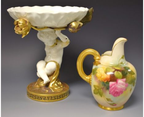 A Royal Worcester cream ground jug, painted pink and yellow roses; a cream Moore comport supported by cherub figure, gilded b