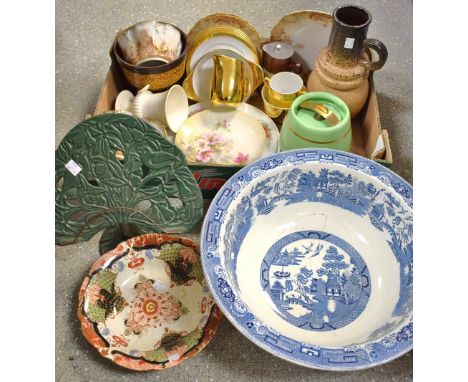 Ceramics - a Willow pattern bowl; an Edwardian part tea set; a cast iron book rest; a tobacco jar and cover; a West German si