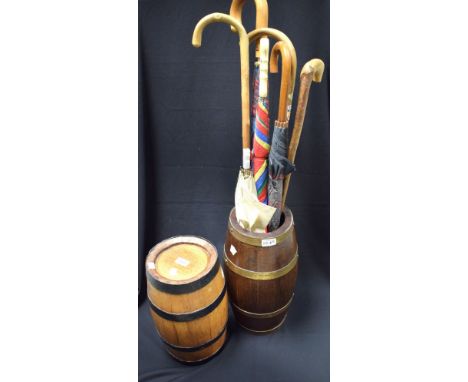 A coopered barrel stick stand; an ale barrel (2) 