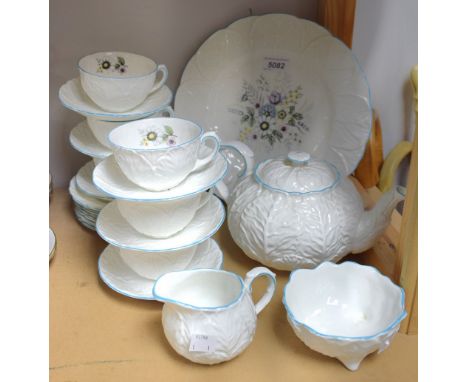 A Coalport Country Ware cabbage leaf pattern tea set, teapot, cake plate, six cups and saucers, six plates