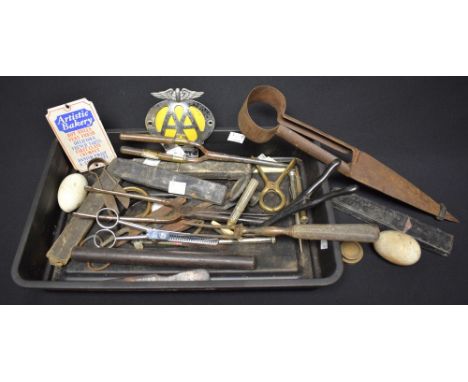 Boxes and Objects - a vintage cut throat razer; thinning scissors; AA badge; sheep shears; etc