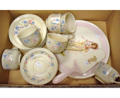 Poole Springtime  - six cups, saucers and side plates; cake serving plate with cake server