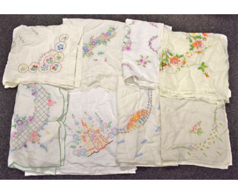 Textiles - hand embroidered linen tablecloths including English country garden flowers, Crinoline Lady