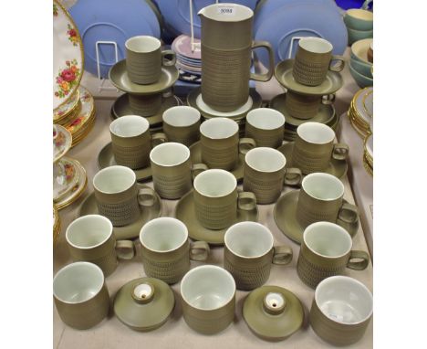 Denby Chevron pattern coffee pot, thirteen side plates, ten saucers, large quantity of cups and mugs, sugar bowl etc (qty)