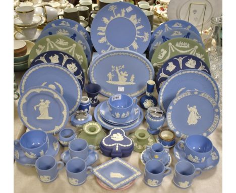 A Wedgwood Jasperware plate, others, teacups and saucers, coffee cans; table lighters; assorted colourways, pale blue, olive 