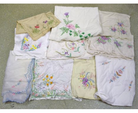 Textiles - hand embroidered linen tablecloths including English country garden flowers
