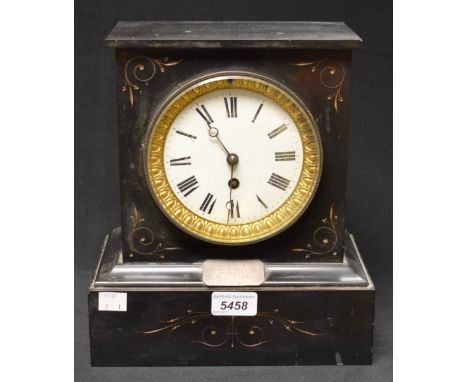 A Victorian Belge Noir flat top mantel clock, white enamel dial, Roman numerals, presentation plaque dated 1883