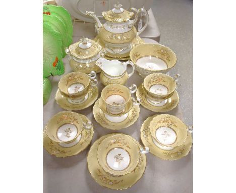 Ceramics - Rockingham style tea service to include teapot, sucrier, bread and butter plate, sandwich plate, creamer, white an