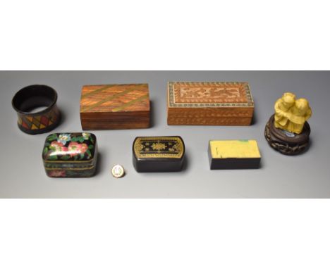 Boxes and Objects - a Victorian paper-maché snuff box; others, Cloisonne; wood etc (7)