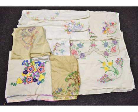 Textiles - hand embroidered linen tablecloths including English country garden flowers, Crinoline Lady