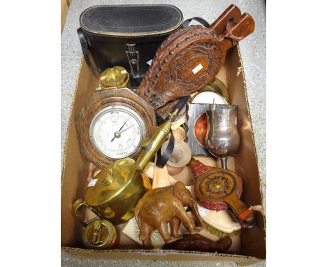 Boxes and Objects - a vintage brass Stirks petrol starter; carved oak bellows; Admiral 10x50 binoculars; oak barometer; etc
