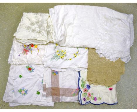 Textiles - late 19th Century embroidered linen bed cover; hand embroidered linen tablecloths, English country garden flowers;