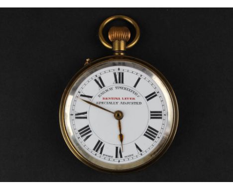 Brass cased Bentima Lever Railway Timekeeper open faced pocket watch with white enamel face and roman numerals