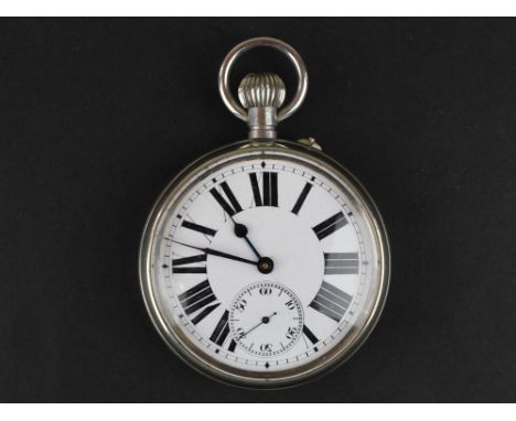 Giant Nickel pocket watch, white enamel dial with black Roman numerals and second hand 