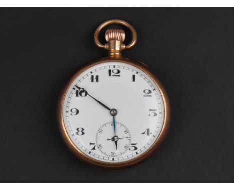 9ct gold open face pocket watch, the white enamel dial with black numerals, bordered by a minute track, subsidiary second dia
