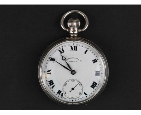 Silver Open face pocket watch by Camerer Cuss & Co. London, white enamel dial with Roman numerals and second hand