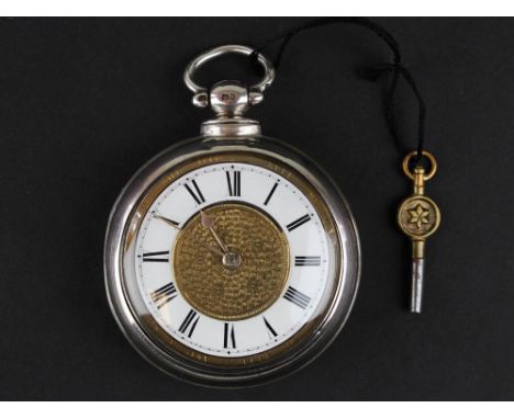 Silver pair cased pocket watch retailed by R.R.Snow of Ripon engraved floral face with white enamel chapter ring and black Ro