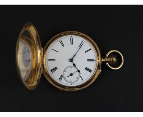 18ct Gold Half hunter pocket watch. White enamel face with roman numerals and a subsidiary seconds dial Weight approx 113g