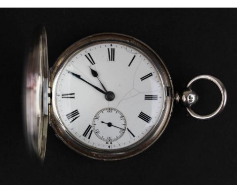 Silver Hunter pocket watch with white enamel face (minor damage) and black Roman numerals with second hand