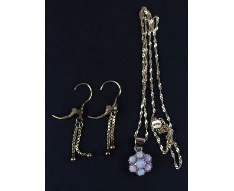 14ct drop earrings and an opal set floral pendant on a 9ct 16 inch twisted link chain. weight 3.5 grams