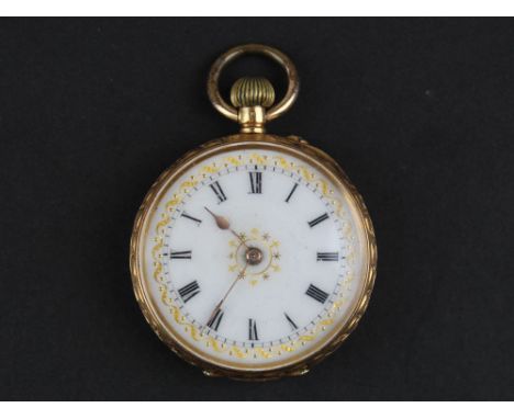 Ladies 18ct open faced pocket watch with enamel dial and black roman numerals weight 31.2 grams